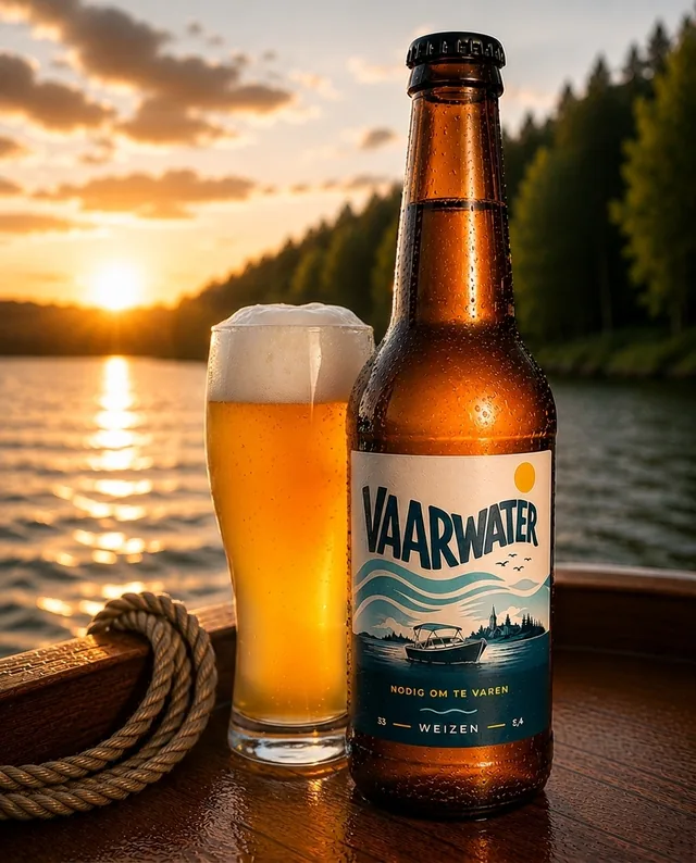 Vaarwater Weizen met vol glas op het dek bij zonsondergang