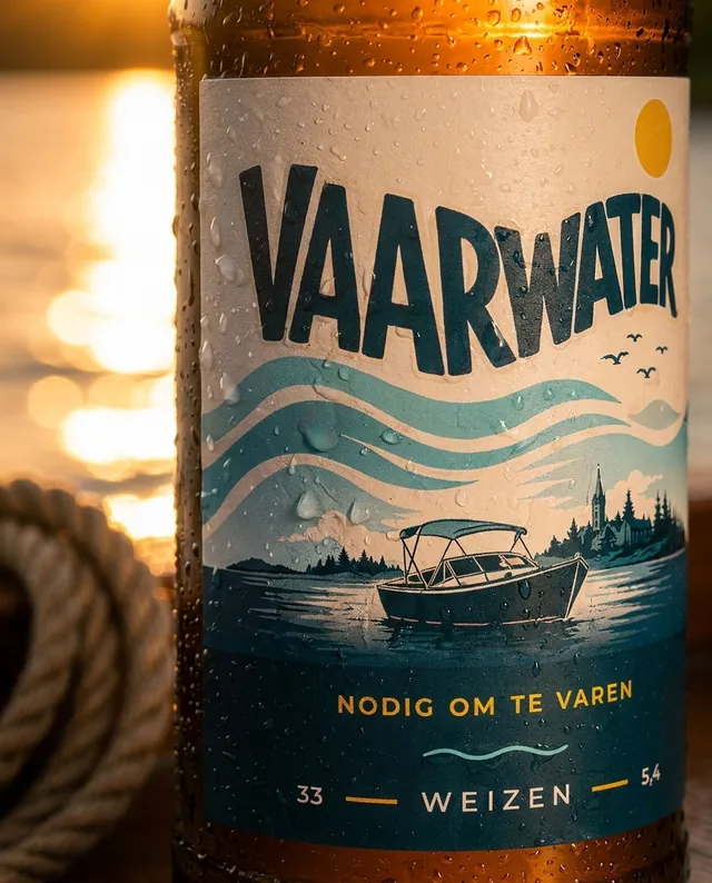 Close-up van het Vaarwater etiket met condensdruppels
