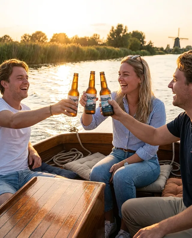 Vrienden proosten met Vaarwater Weizen op een sloep