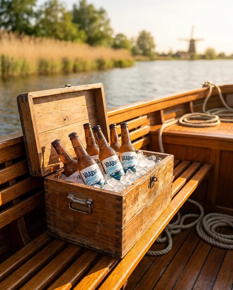 Vaarwater Weizen flesjes in een koelbox met ijs aan boord